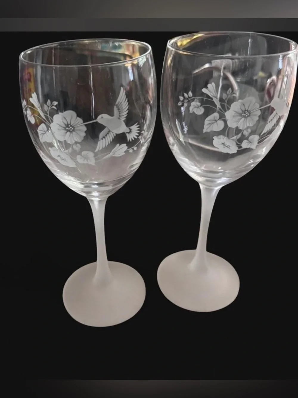 Vintage Avon Crystal Goblets w Etched Hummingbird & Floral Designs